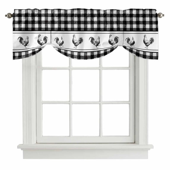 Tie Up Valances for Windows, Farmhouse Black Plaid Adjustable Valance Curtains Window Treatment for Living Room, Vintage Country Cock Checkered Rod Pocket Kitchen Curtains & Drapes 42x12 Inch