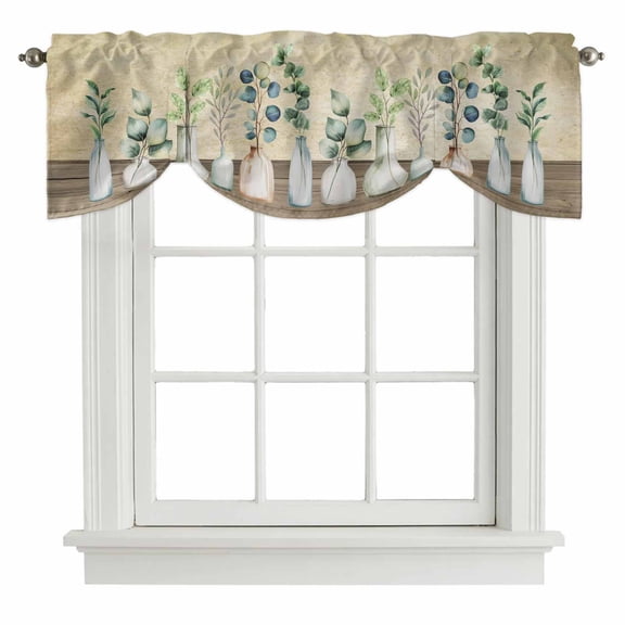 Tie Up Valances for Windows, Farmhouse Botanical Adjustable Valance Curtains Window Treatment for Living Room, Bottles Plans Country Brown Wooden Grain Rod Pocket Kitchen Curtains 42x12 Inch