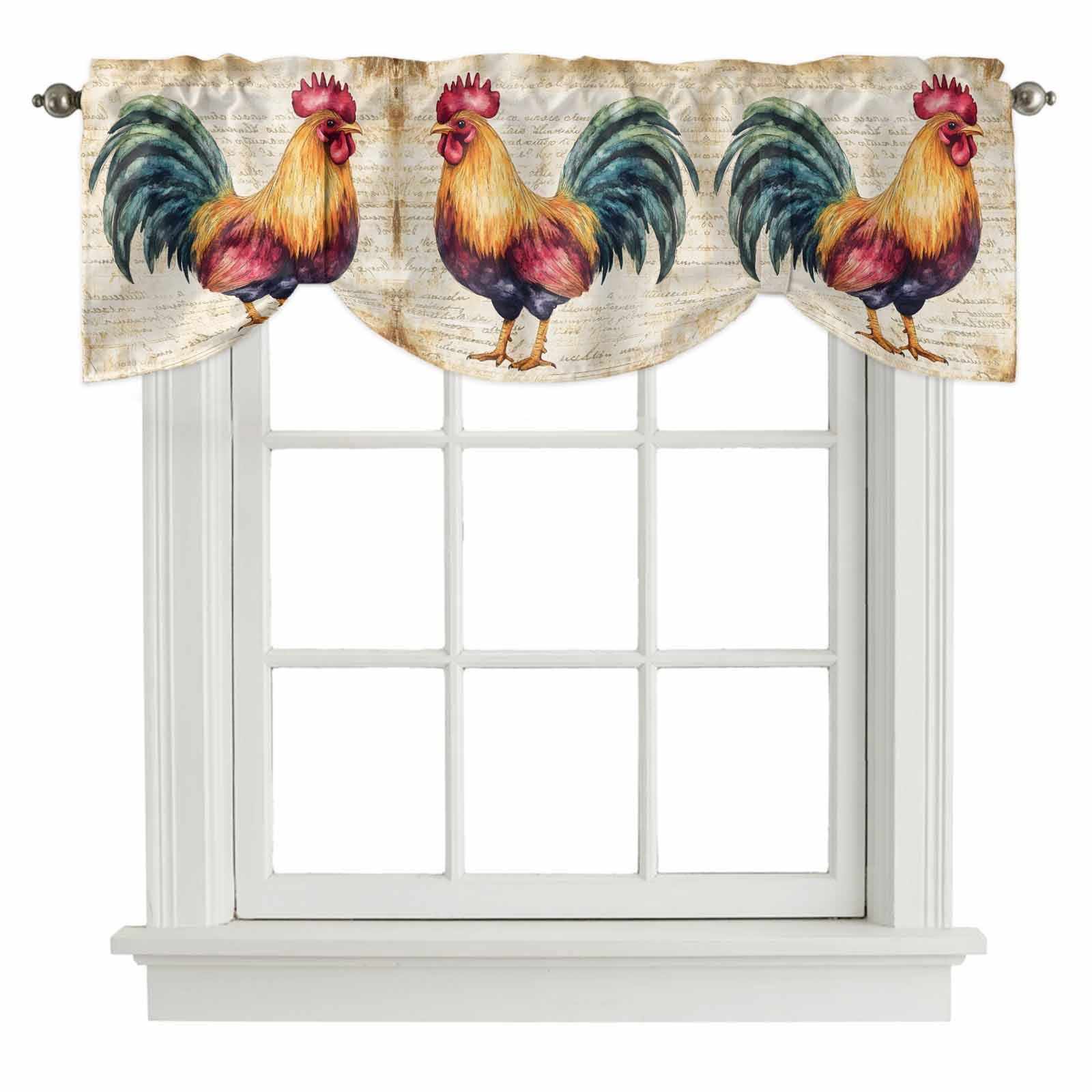 Tie Up Valances for Windows, Farmhouse Rooster Adjustable Valance