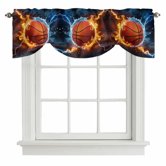 Tie Up Valances for Windows, Fire Basketball Adjustable Valance Curtains Window Treatment for Living Room/Bedroom, Splashing Blue Red Water Fire Rod Pocket Kitchen Curtains & Drapes 42x12 Inch