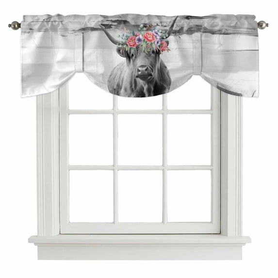 Tie Up Valances for Windows, Floral Animal Adjustable Valance Curtains Window Treatment for Living Room/Bedroom, Grey Country Vintage Farm Cow Flowers Rod Pocket Kitchen Curtains & Drapes 54x18 Inch