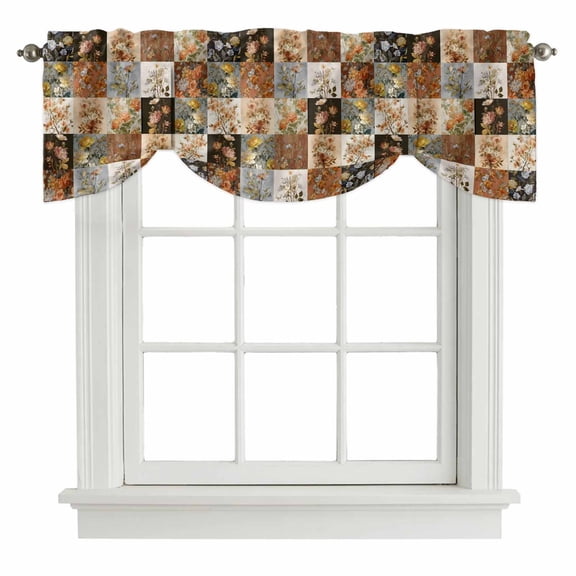 Tie Up Valances for Windows, Floral Patchwork Adjustable Valance Curtains Window Treatment for Living Room/Bedroom, Vintage Country Geometric Flower Rod Pocket Kitchen Curtains & Drapes 42x12 Inch