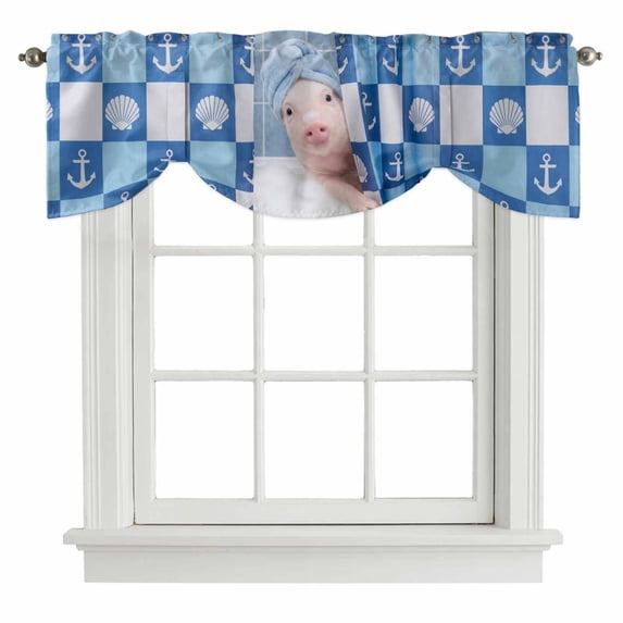 Tie Up Valances for Windows, Funny Pig Adjustable Valance Curtains Window Treatment for Living Room, Cute Art Modern Lovely Animals on Showering Blue Rod Pocket Kitchen Curtains & Drapes 42x12 Inch