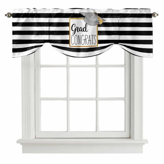 Tie Up Valances for Windows, Graduation Trencher Cap Adjustable Valance Curtains Window Treatment for Living Room, Farmhouse White Black Horizontal Stripes Rod Pocket Kitchen Curtains 42x12 Inch