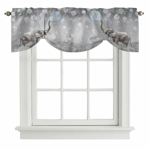 Tie Up Valances for Windows, Gray Elephants Adjustable Valance Curtains Window Treatment for Living Room, Modern Vintage Elephants Blowing Bubbles Rod Pocket Kitchen Curtains & Drapes 42x12 Inch
