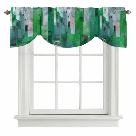 Tie Up Valances for Windows, Green Geometric Adjustable Valance Curtains Window Treatment for Living Room, Abstract Art Modern Painting Rod Pocket Kitchen Curtains & Drapes 42x12 Inch