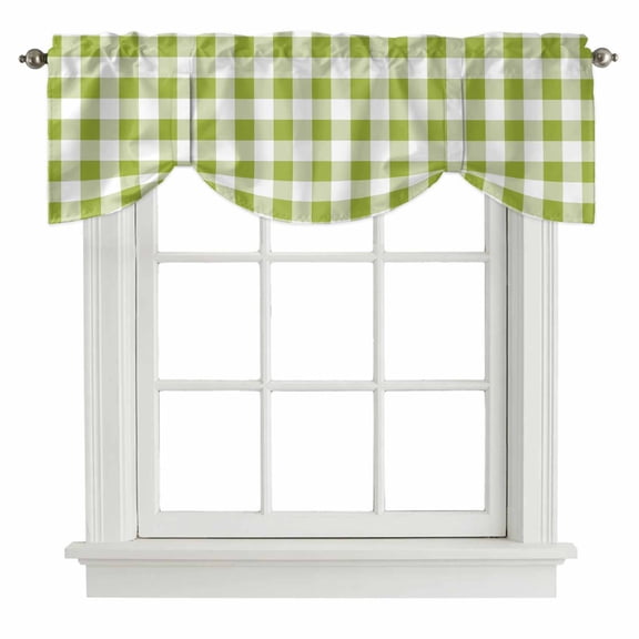 Tie Up Valances for Windows, Green Plaid Adjustable Valance Curtains Window Treatment for Living Room, Gradient Geometric Buffalo White Checkered Rod Pocket Kitchen Curtains & Drapes 42x18 Inch