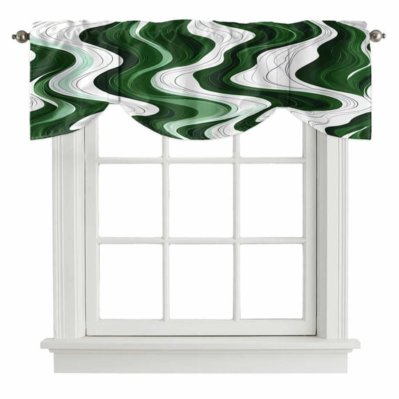 Tie Up Valances for Windows, Green Stripe Adjustable Valance Curtains Window Treatment for Living Room/Bedroom, Geometric White Wave Modern Ocean Rod Pocket Kitchen Curtains & Drapes 42x18 Inch