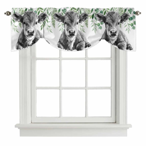 Tie Up Valances for Windows, Grey Cow Adjustable Valance Curtains Window Treatment for Living Room, Weeping Green Leaves Elegant Farmhouse Rod Pocket Kitchen Curtains & Drapes 42x12 Inch