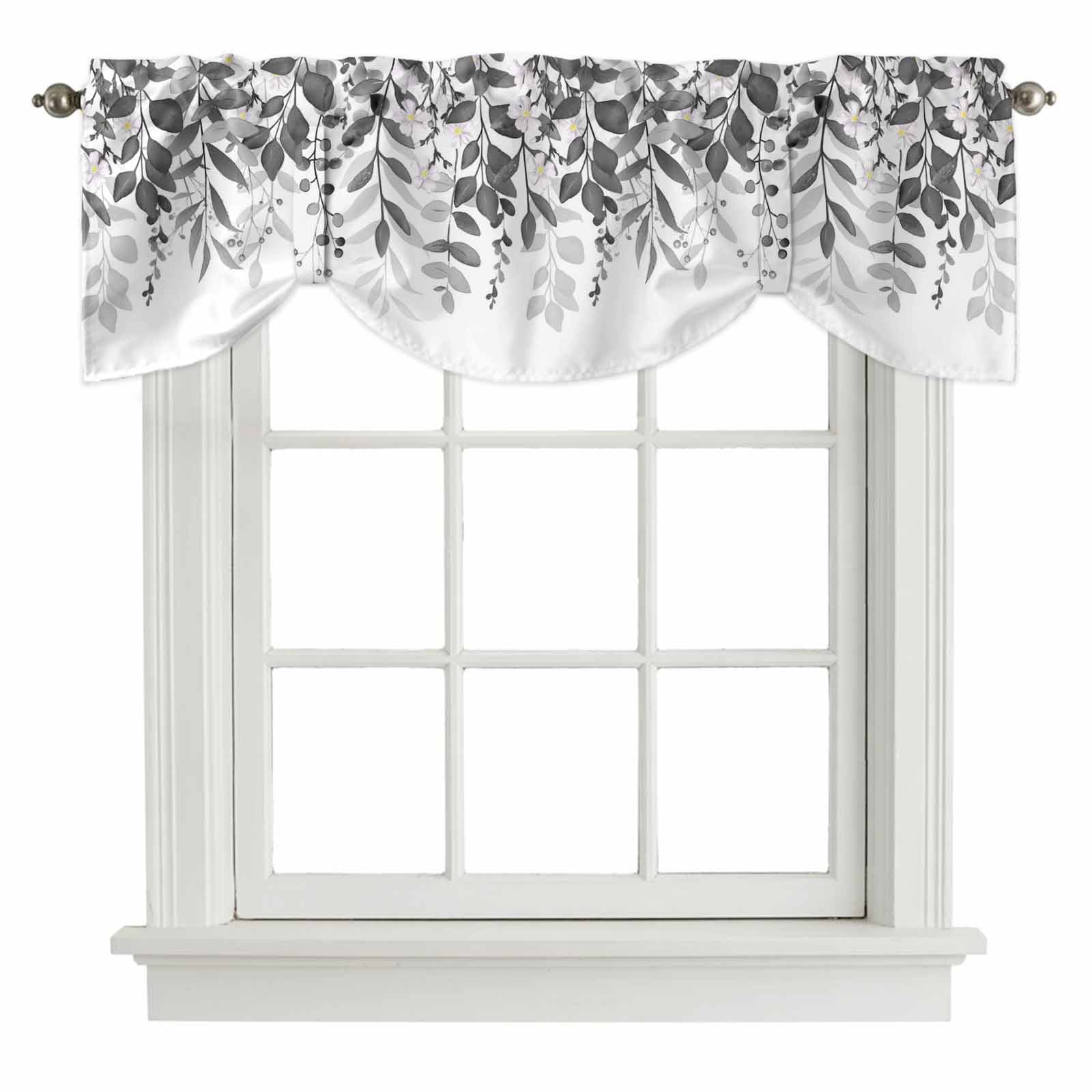 Tie Up Valances for Windows, Grey Leaves Adjustable Valance Curtains