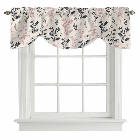 Tie Up Valances for Windows, Grey Pink Botanical Adjustable Valance Curtains Window Treatment for Living Room, Rustic Country Spring Floral Summer Leaf Rod Pocket Kitchen Curtains 60x18 Inch