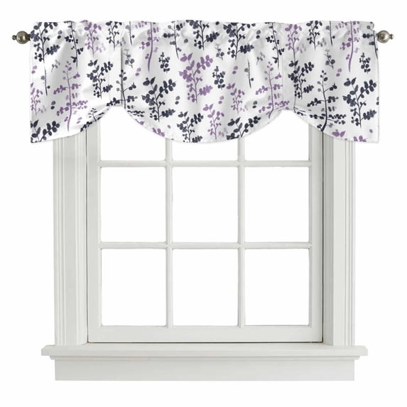 Tie Up Valances for Windows, Grey Purple Botanical Adjustable Valance Curtains Window Treatment for Living Room, Watercolor Spring Floral Summer Leaf Rod Pocket Kitchen Curtains & Drapes 54x18 Inch