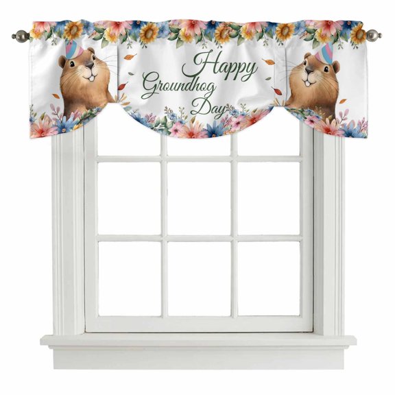 Tie Up Valances for Windows, Happy Groundhog Day Adjustable Valance Curtains Window Treatment for Living Room, Cute Ground Rat Flower Bushes Leaves Rod Pocket Kitchen Curtains & Drapes 42x12 Inch