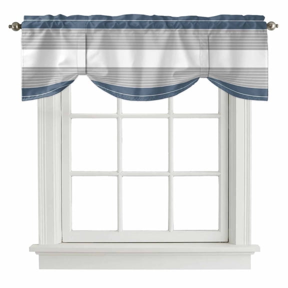 Tie Up Valances for Windows, Haze Blue Grey Stripe Adjustable Valance Curtains Window Treatment for Living Room/Bedroom, Modern Art Horizontal Striped Rod Pocket Kitchen Curtains & Drapes 60x18 Inch