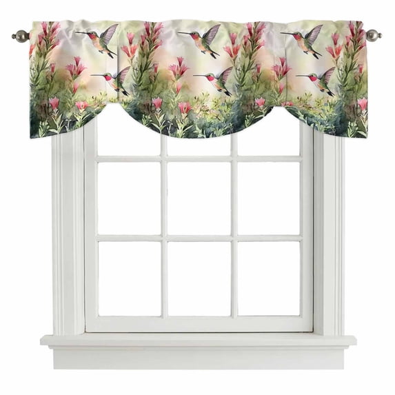 Tie Up Valances for Windows, Hummingbird Red Floral Adjustable Valance Curtains Window Treatment for Living Room/Bedroom, Rustic Botanical Green Ombre Rod Pocket Kitchen Curtains & Drapes 42x12 Inch