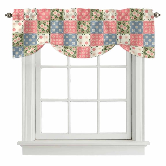 Tie Up Valances for Windows, Japanese Style Adjustable Valance Curtains Window Treatment for Living Room, Colorful Patchwork Flowers Leaves Plaid Rod Pocket Kitchen Curtains & Drapes 42x12 Inch