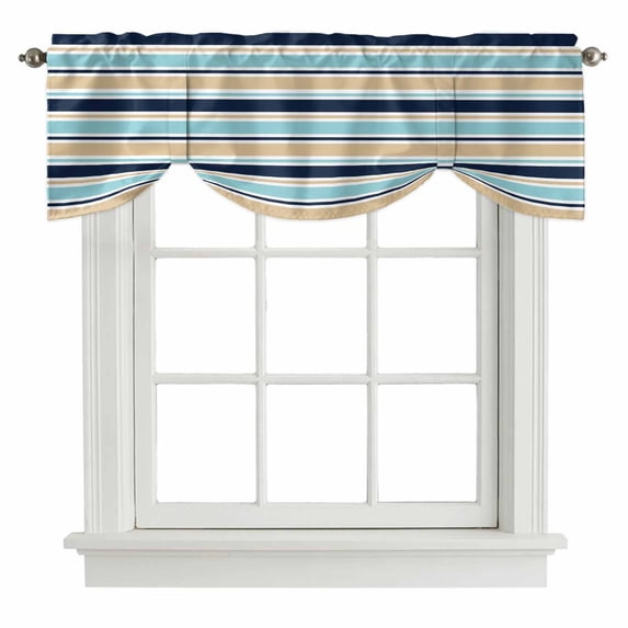Tie Up Valances for Windows, Khaki Striped Adjustable Valance Curtains Window Treatment for Living Room, Navy Blue Farmhouse Stripes Modern Abstract Art Rod Pocket Kitchen Curtains 54x18 Inch