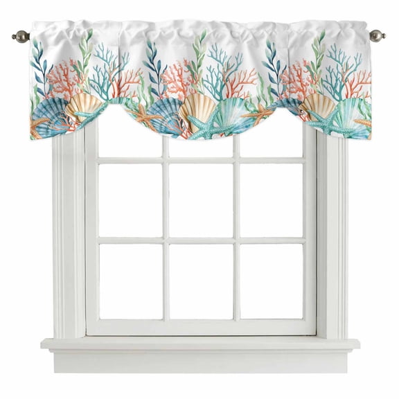 Tie Up Valances for Windows, Marine Life Adjustable Valance Curtains Window Treatment for Living Room, Nautical Underwater Coral Shell Starfish Watercolor Rod Pocket Kitchen Curtains 42x18 Inch