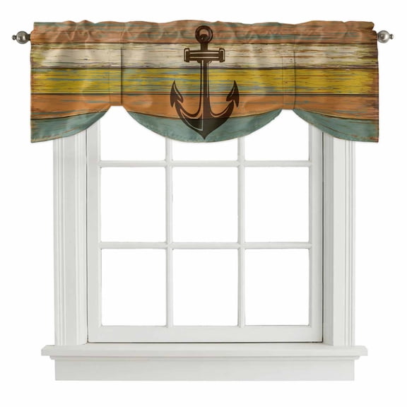 Tie Up Valances for Windows, Nautical Anchor Adjustable Valance Curtains Window Treatment for Living Room/Bedroom, Farmhouse Vintage Old Wooden Grain Rod Pocket Kitchen Curtains & Drapes 60x18 Inch