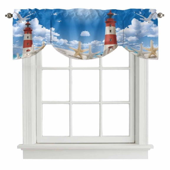 Tie Up Valances for Windows, Nautical Coastal Adjustable Valance Curtains Window Treatment for Living Room/Bedroom, Ocean Sea Starfish Lighthouse Sky Rod Pocket Kitchen Curtains & Drapes 42x12 Inch