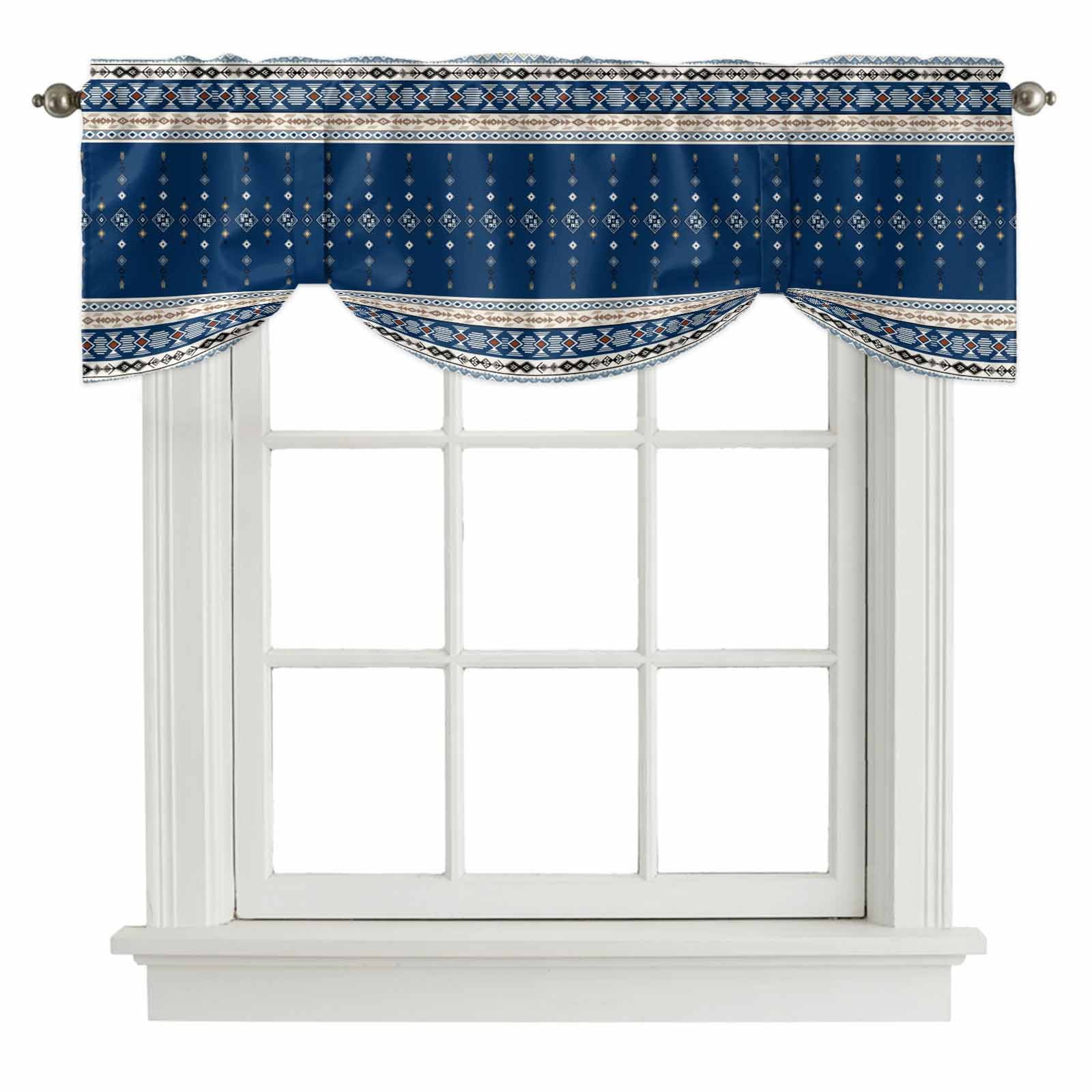 Tie Up Valances for Windows, Navy Blue Boho Adjustable Valance Curtains