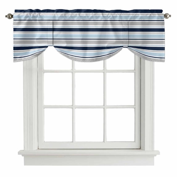 Tie Up Valances for Windows, Navy Blue Gray Striped Adjustable Valance Curtains Window Treatment for Living Room, Farmhouse Stripes Modern Abstract Art Rod Pocket Kitchen Curtains 42x18 Inch