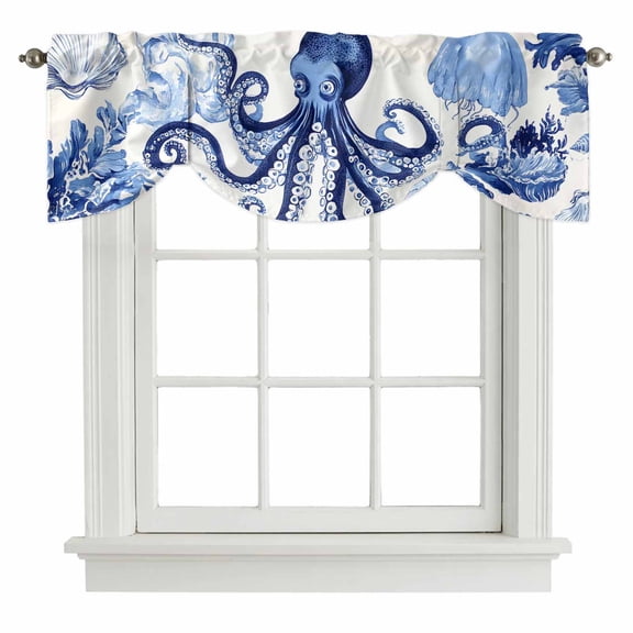 Tie Up Valances for Windows, Navy Blue Octopus Coastal Adjustable Valance Curtains Window Treatment for Living Room, Nautical Summer Beach Ocean Rod Pocket Kitchen Curtains & Drapes 42x18 Inch