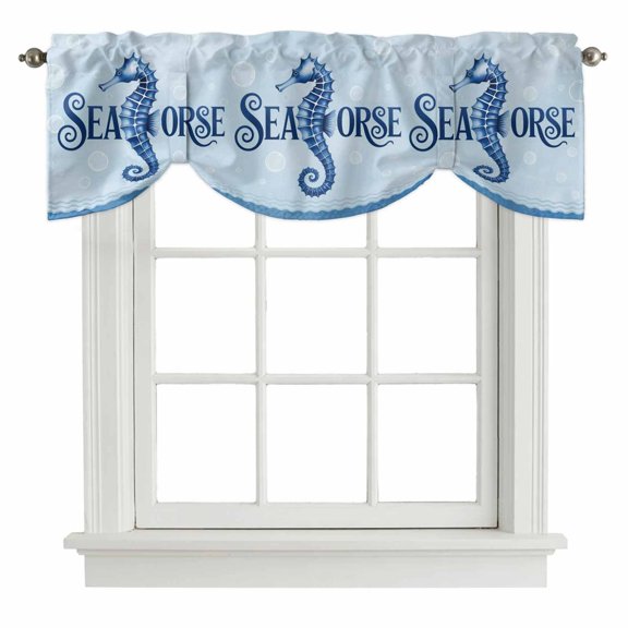 Tie Up Valances for Windows, Navy Blue Seahorse Adjustable Valance Curtains Window Treatment for Living Room, Summer Coastal Bubbles Ocean Waves Rod Pocket Kitchen Curtains & Drapes 42x12 Inch