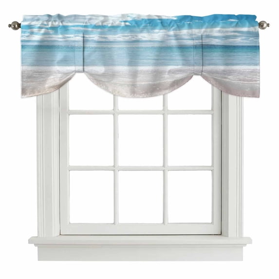Tie Up Valances for Windows, Ocean Beach Adjustable Valance Curtains Window Treatment for Living Room, Natural Blue Sea Waves Sky Cloudy Scenery Rod Pocket Kitchen Curtains & Drapes 42x18 Inch