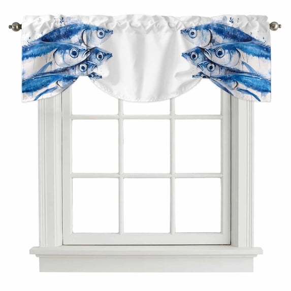 Tie Up Valances for Windows, Ocean Fish Adjustable Valance Curtains Window Treatment for Living Room, Watercolor Blue Spot Color Coastal Painting Rod Pocket Kitchen Curtains & Drapes 54x18 Inch