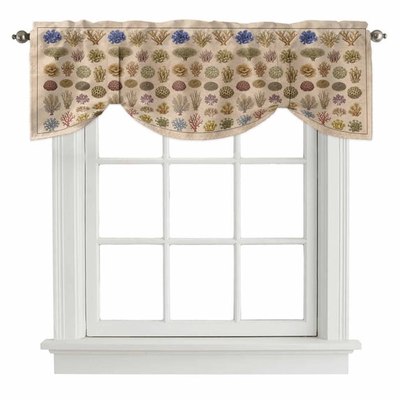 Tie Up Valances for Windows, Ocean Plants Adjustable Valance Curtains Window Treatment for Living Room, Colorful Coastal Marine Coral Vintage Beige Rod Pocket Kitchen Curtains & Drapes 60x18 Inch