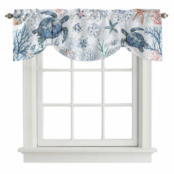 Tie Up Valances for Windows, Ocean Sea Turtle Adjustable Valance Curtains Window Treatment for Living Room/Bedroom, Summer Coastal Coral Flower Shells Rod Pocket Kitchen Curtains & Drapes 42x12 Inch