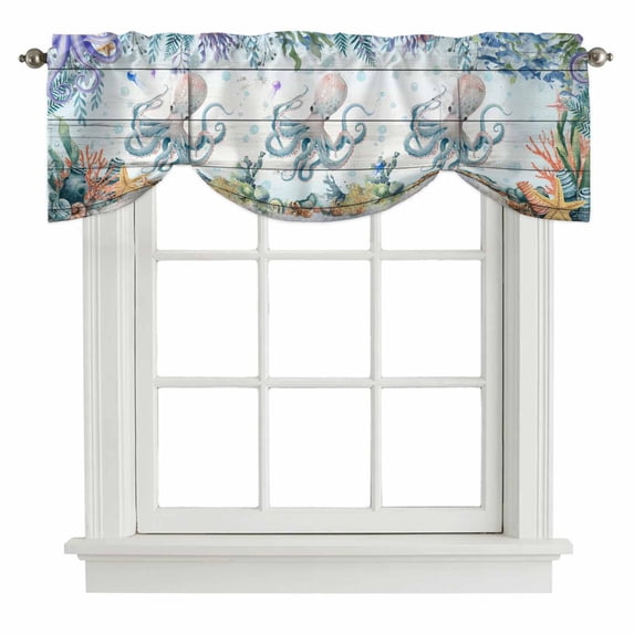 Tie Up Valances for Windows, Octopus Coastal Adjustable Valance Curtains Window Treatment for Living Room, Summer Nautical Starfish Coral Grey Wooden Rod Pocket Kitchen Curtains & Drapes 54x18 Inch