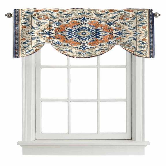 Tie Up Valances for Windows, Orange Blue Ethnic Rustic Adjustable Valance Curtains Window Treatment for Living Room, Boho Southwestern Heritage Rod Pocket Kitchen Curtains & Drapes 42x18 Inch