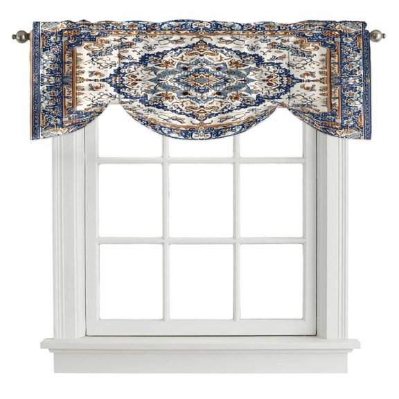 Tie Up Valances for Windows, Orange Brown Southwestern Adjustable Valance Curtains Window Treatment for Living Room, Boho Traditional Ethnic Classical Rod Pocket Kitchen Curtains & Drapes 42x12 Inch