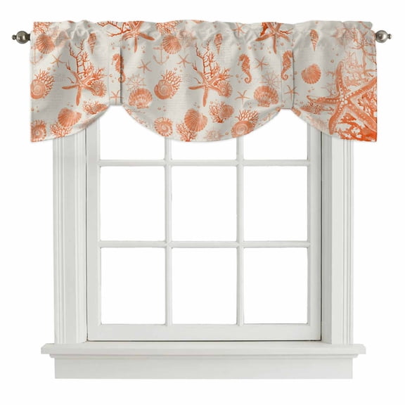 Tie Up Valances for Windows, Orange Coastal Starfish Adjustable Valance Curtains Window Treatment for Living Room, Farmhouse Nautical Coral Conch Rod Pocket Kitchen Curtains & Drapes 42x12 Inch