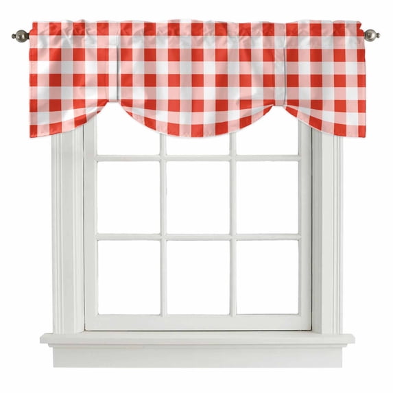 Tie Up Valances for Windows, Orange Red Checkered Adjustable Valance Curtains Window Treatment for Living Room/Bedroom, Farmhouse Buffalo Plaid Rod Pocket Kitchen Curtains & Drapes 42x18 Inch