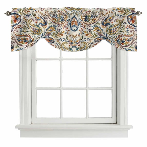 Tie Up Valances for Windows, Paisley Flower Adjustable Valance Curtains Window Treatment for Living Room, Spring Watercolor Vintage Floral Leaf Plant Rod Pocket Kitchen Curtains & Drapes 42x18 Inch