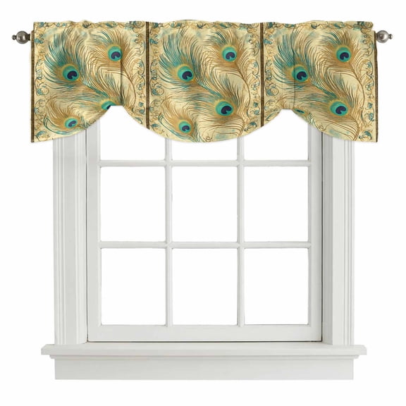 Tie Up Valances for Windows, Peacock Feathers Adjustable Valance Curtains Window Treatment for Living Room/Bedroom, Brown Turquoise Vintage Abstract Rod Pocket Kitchen Curtains & Drapes 54x18 Inch