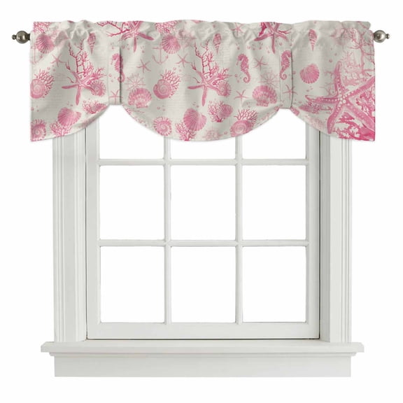 Tie Up Valances for Windows, Pink Coastal Starfish Adjustable Valance Curtains Window Treatment for Living Room, Nautical Beach Conch Seashhells Rod Pocket Kitchen Curtains & Drapes 42x12 Inch