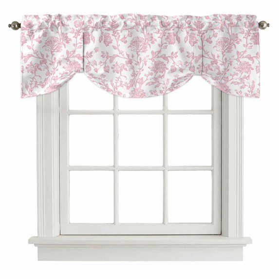 Tie Up Valances for Windows, Pink Flower Adjustable Valance Curtains Window Treatment for Living Room, Vintage Farmhouse Boho Leaf Spring Solid Rod Pocket Kitchen Curtains & Drapes 54x18 Inch