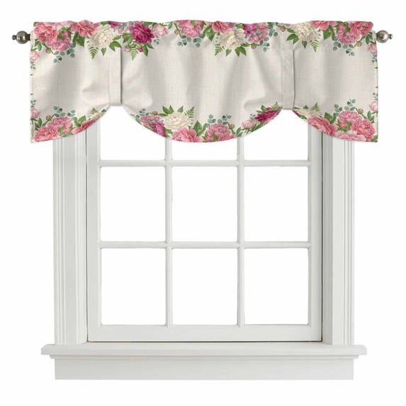 Tie Up Valances for Windows, Pink Flowers Adjustable Valance Curtains Window Treatment for Living Room, Spring Floral Farmhouse Botanical Rustic Rod Pocket Kitchen Curtains & Drapes 54x18 Inch