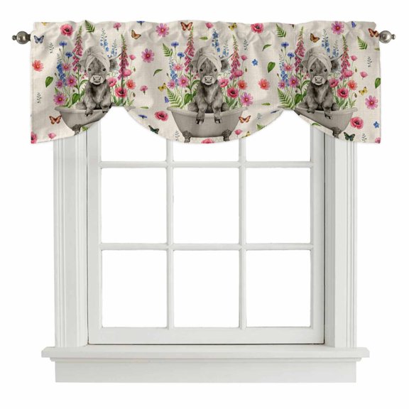 Tie Up Valances for Windows, Pink Flowers Yak Adjustable Valance Curtains Window Treatment for Living Room, Spring Floral Butterflies Rustic Rod Pocket Kitchen Curtains & Drapes 42x12 Inch