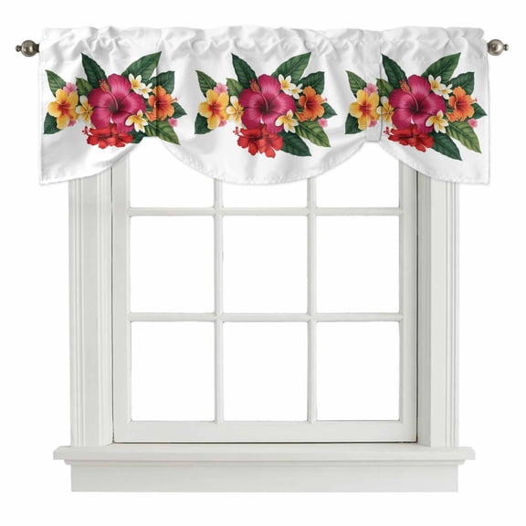 Tie Up Valances for Windows, Pink Red Yellow Hibiscus Adjustable Valance Curtains Window Treatment for Living Room/Bedroom, Farmhouse Tropical Floral Rod Pocket Kitchen Curtains & Drapes 42x12 Inch