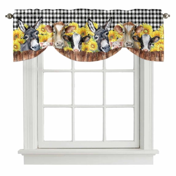 Tie Up Valances for Windows, Plaid Pig Cow Wooden Adjustable Valance Curtains Window Treatment for Living Room, Black White Farmhouse Animals Rod Pocket Kitchen Curtains & Drapes 60x18 Inch