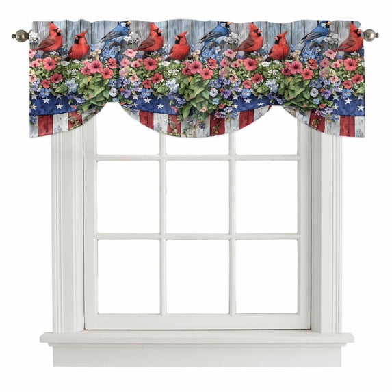 Tie Up Valances for Windows, Red Blue Flower Adjustable Valance Curtains Window Treatment for Living Room, Patriotic Poppy Bird Stars Stripes Flag Rod Pocket Kitchen Curtains & Drapes 42x18 Inch