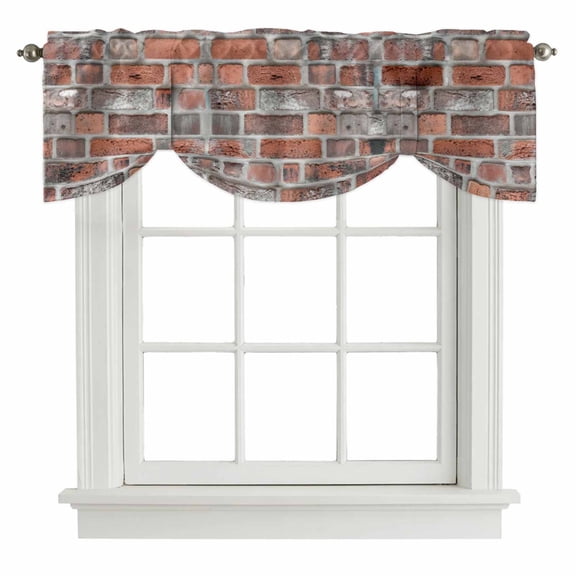 Tie Up Valances for Windows, Red Brick Wall Adjustable Valance Curtains Window Treatment for Living Room, Vintage Farmhouse Stone Rocks Geometric Print Rod Pocket Kitchen Curtains 42x12 Inch