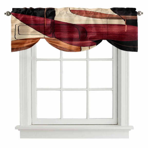 Tie Up Valances for Windows, Red Burnt Orange Adjustable Valance Curtains Window Treatment for Living Room/Bedroom, Geometric Boho Modern Abstract Rod Pocket Kitchen Curtains & Drapes 42x12 Inch