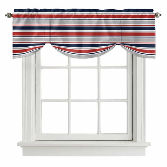Tie Up Valances for Windows, Red Navy Blue Striped Adjustable Valance Curtains Window Treatment for Living Room, Farmhouse Stripes Modern Abstract Art Rod Pocket Kitchen Curtains & Drapes 42x18 Inch