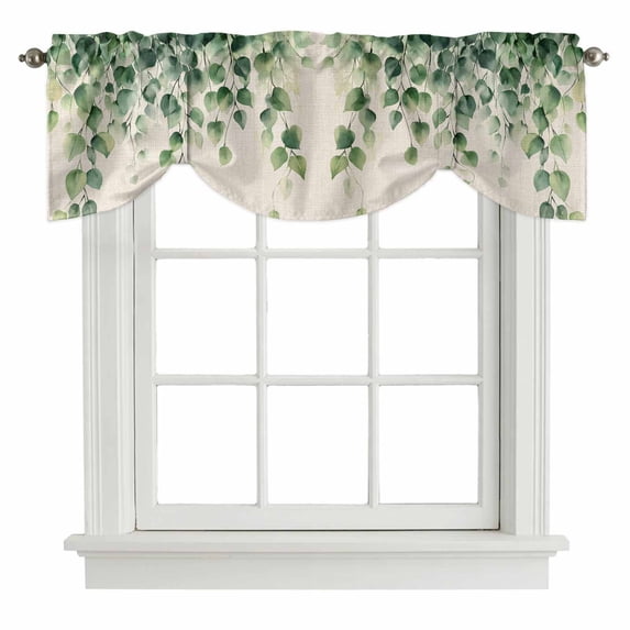 Tie Up Valances for Windows, Rustic Green Leaves Adjustable Valance Curtains Window Treatment for Living Room, Spring Pastoral Nature Vines Plants Rod Pocket Kitchen Curtains & Drapes 42x12 Inch